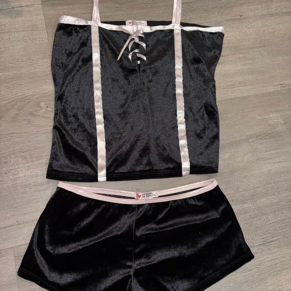 Black Satin Cami and Short Pajama Set with Light Pink Trim